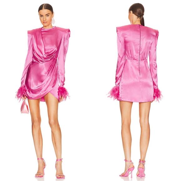Bronx and Banco Nadine Long Sleeve Draped Ruched Feather Pink Mini Dress Sz M - Picture 1 of 11